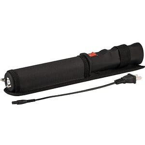 Black stun baton with sheath and charging cable for personal safety.