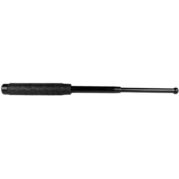 Black telescopic baton with textured grip, extended for self-defense or security purposes on white background.