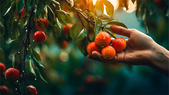 Hand picking fresh oranges from a tree branch, glistening with morning dew under sunlight.