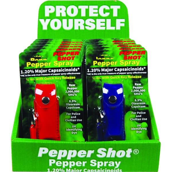 Display of red and blue Pepper Shot spray for self-defense, featuring 1.20% major capsaicinoids content.