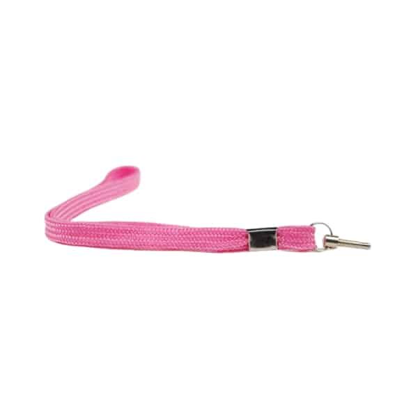 Pink wrist strap with metal clip for keys or small devices, isolated on white background.