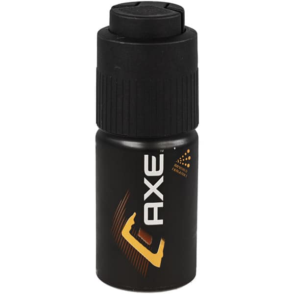 Black Axe body spray canister with orange accents, branding visible. Suitable for personal hygiene and grooming.