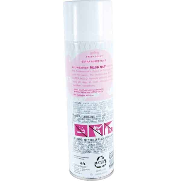 Aqua Net hair spray can, extra super hold, fresh scent, showing back label with warnings and instructions.