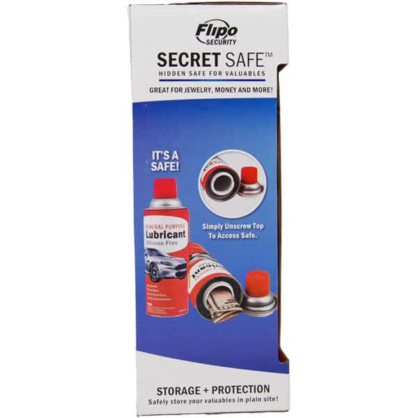 Hidden safe disguised as a lubricant can for secure storage of valuables like jewelry and money.