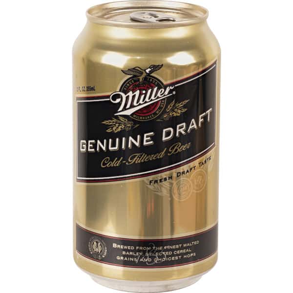 Gold can of Miller Genuine Draft beer, 12 fl oz, featuring cold-filtered brewing process.