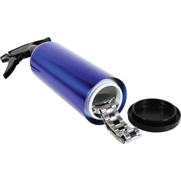 Blue spray bottle with hidden compartment for storing valuables, shown open with a metal bracelet inside.