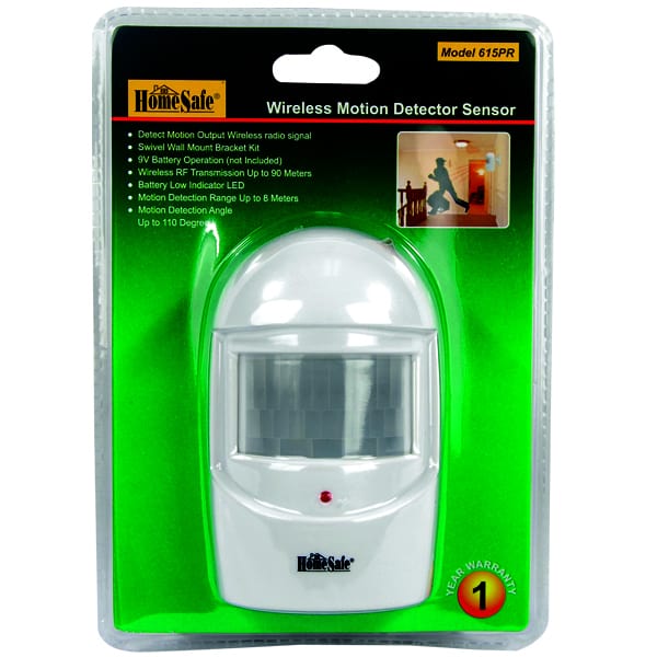 HomeSafe wireless motion detector sensor in packaging, model 615PR, with 1-year warranty and 110-degree detection angle.