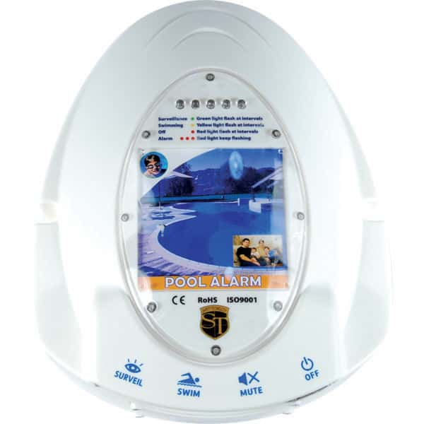 Pool alarm device with controls and indicators for surveillance, swim, mute, and off functions.