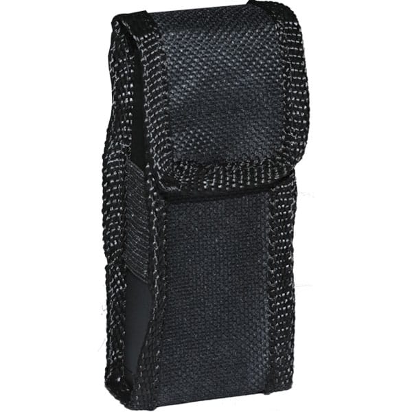 Black canvas utility pouch with secure flap, ideal for carrying small tools or accessories.