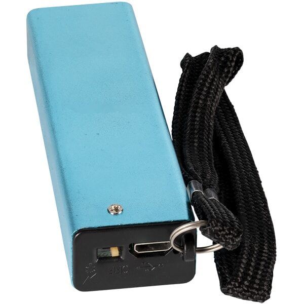 Blue portable power bank with USB port and black strap, ideal for charging devices on the go.