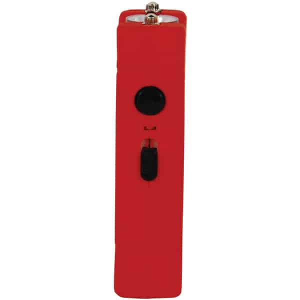 Red handheld device with a black switch and button, featuring a round silver connector on top.