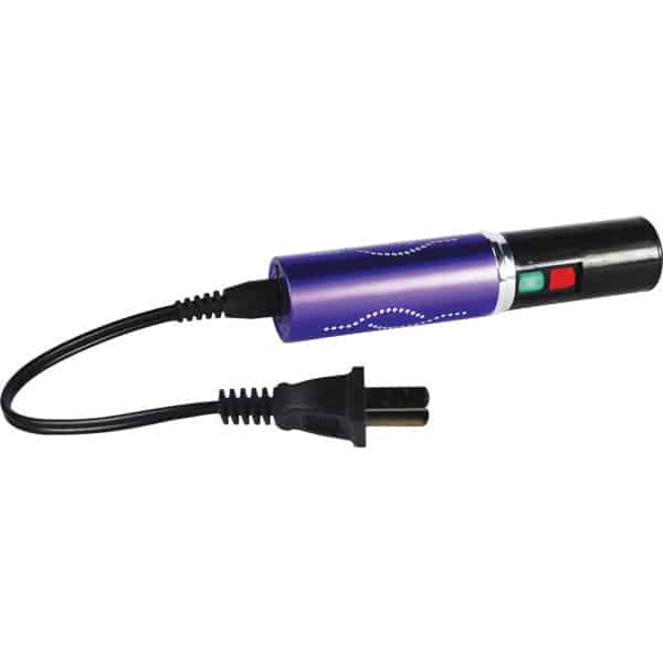 Electric hair crimper with black and purple design featuring on/off buttons, and a plug-in cord for easy styling.