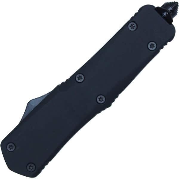 Black tactical knife handle with screws, side view on a white background.