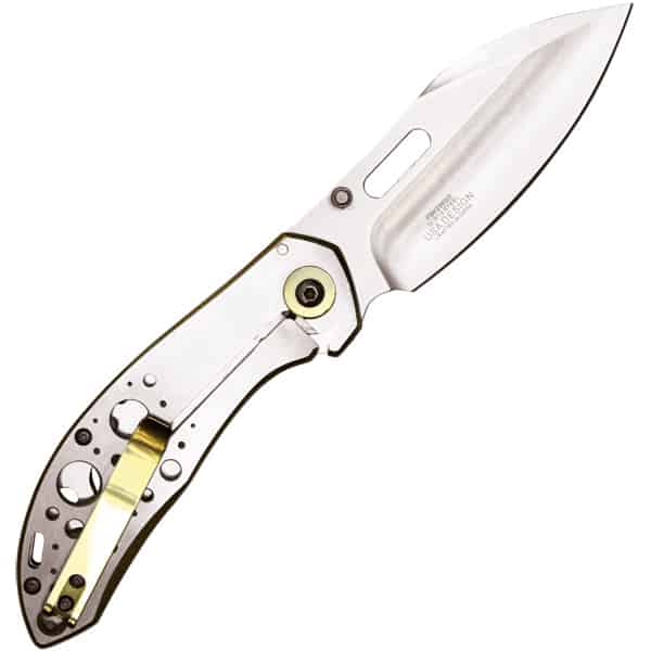 Stainless steel folding knife with brass accents and open blade, featuring a modern design for outdoor use.