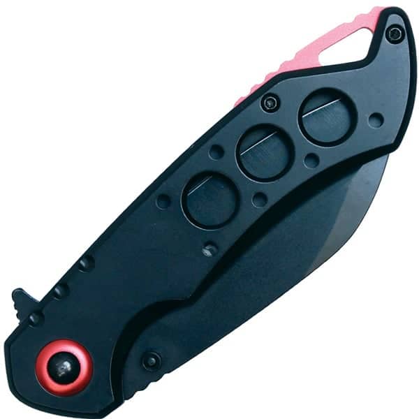 Folding knife with a sleek black and red design featuring a closed blade and circular grip holes.