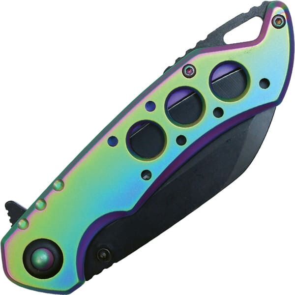 Colorful folding pocket knife with a multicolored handle and closed blade, featuring circular cutouts.