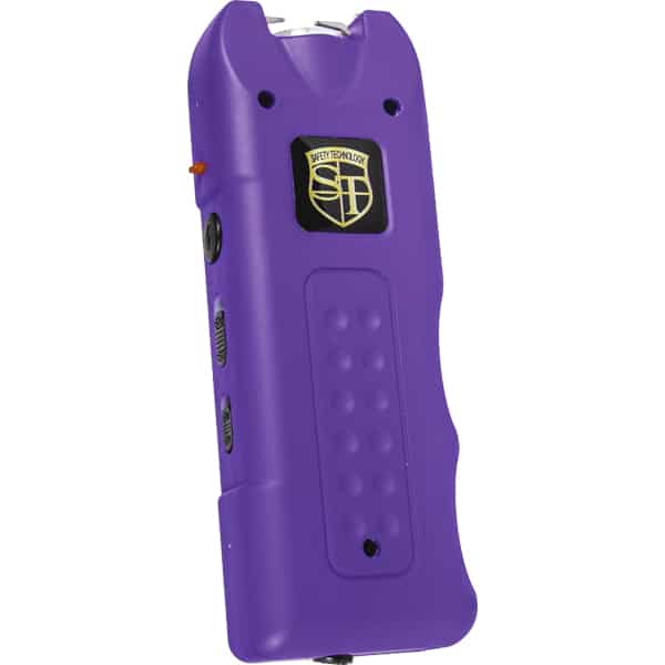 Purple self-defense stun gun with a safety tech logo, featuring a compact design for personal security.