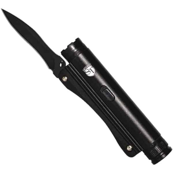 Black tactical folding knife with a sleek handle and sharp blade, ideal for outdoor and survival use.