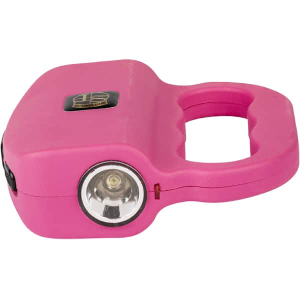 Pink flashlight with a handle, featuring an LED bulb, ideal for safety and easy carrying.