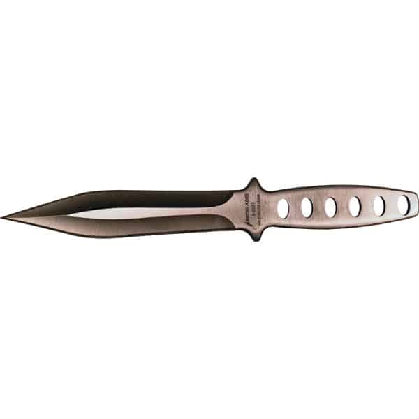 Double-edged throwing knife with ergonomic handle design and cut-out holes for balanced weight distribution.