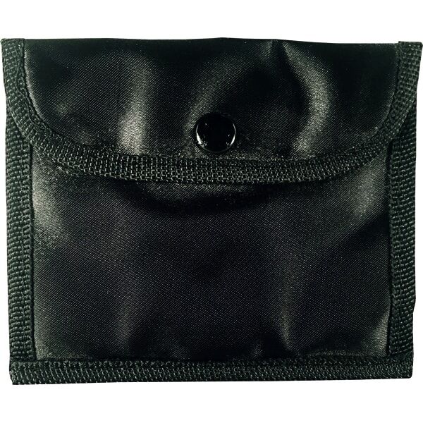 Black nylon wallet with button closure, ideal for carrying small essentials securely.