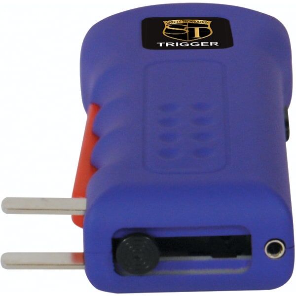 Blue and red stun gun with dual prongs, labeled Trigger for personal safety and self-defense use.