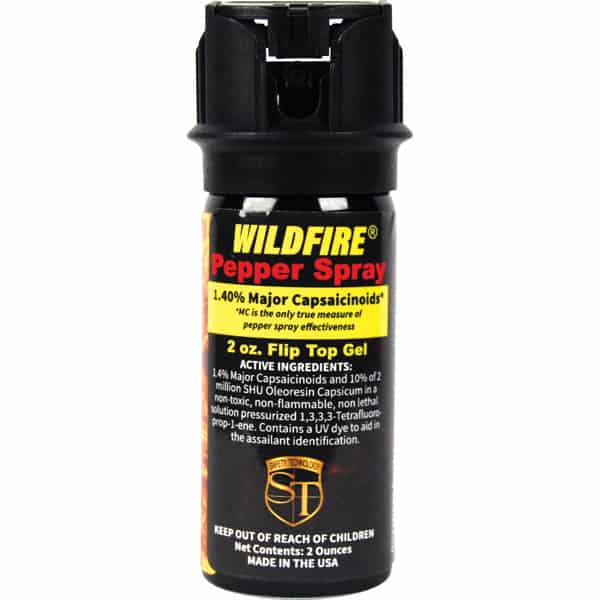 Wildfire Pepper Spray 2 oz with 1.40% capsaicinoids, flip top gel dispenser, safety tool, non-lethal self-defense.