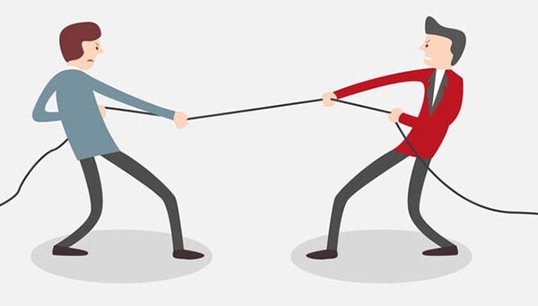 Two men in a tug-of-war, symbolizing competition or conflict, pulling on opposite sides of a rope.