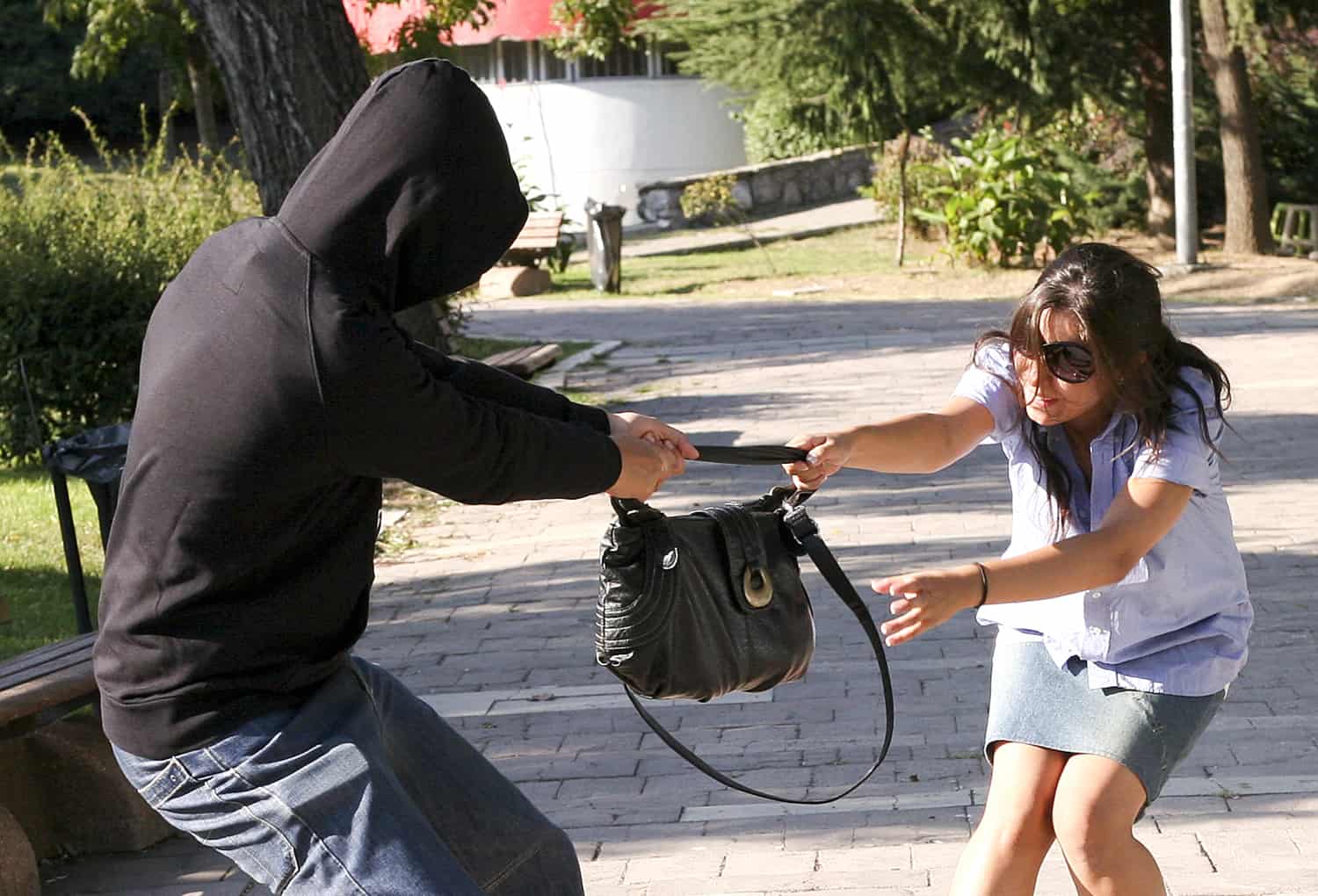 A hooded person attempts to steal a handbag from a woman in a park setting.