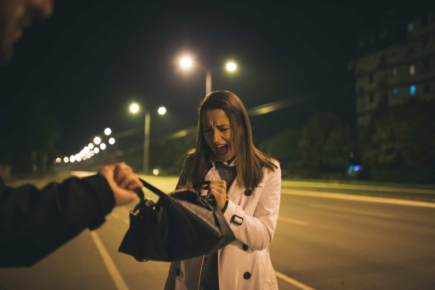 Woman in fear struggles with a thief attempting to snatch her handbag on a dimly lit street at night.