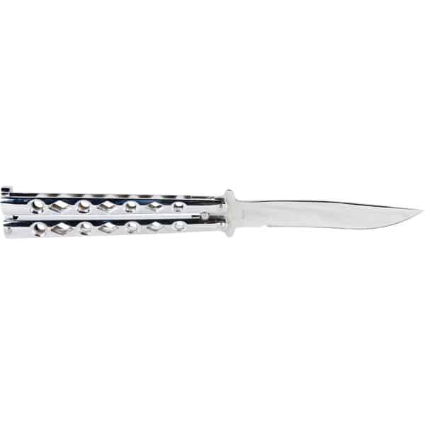 Silver butterfly knife with a closed handle and sleek blade on a white background.