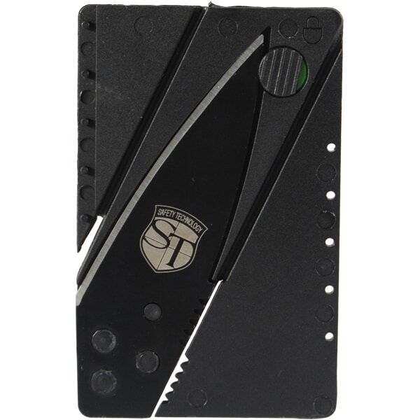 Credit card knife in black with Safety Technology logo, sleek design, compact for easy carrying in a wallet or pocket.