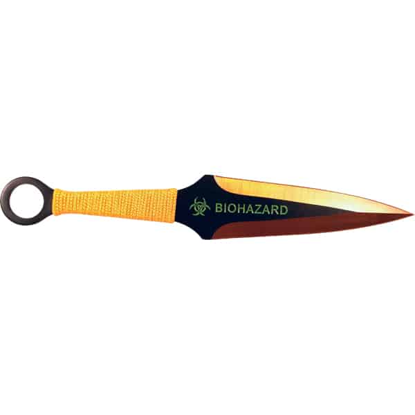 Biohazard throwing knife with yellow handle and gradient blade, featuring a stylish ring pommel.