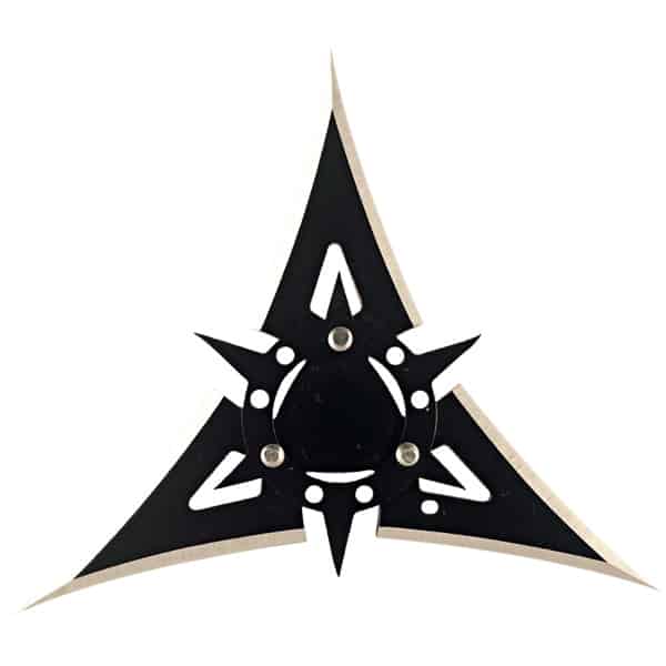 Tri-blade ninja star with sharp metal points and black design on a white background.